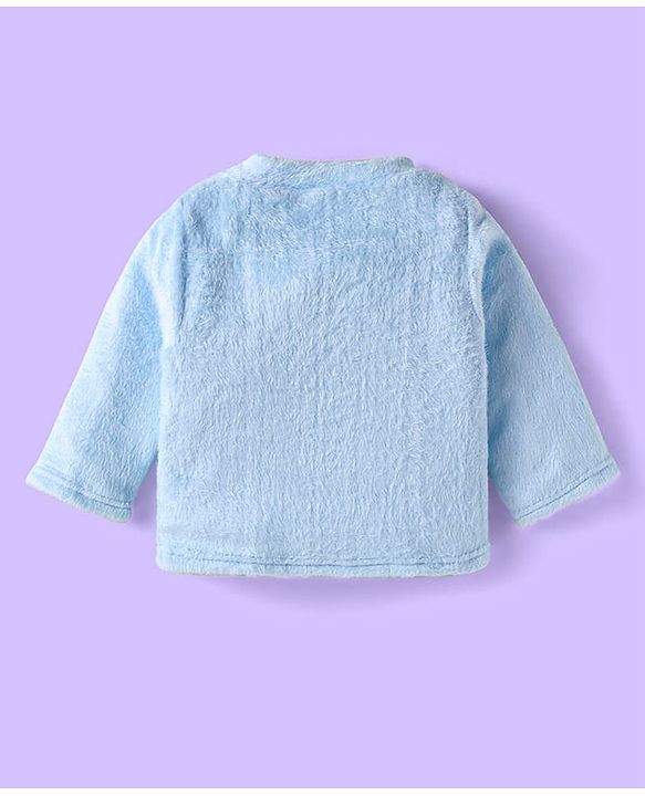 Babyhug Velour Knit Full Sleeves Winter Night Suit With Dino Print - Light Blue