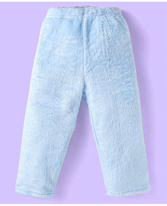 Babyhug Velour Knit Full Sleeves Winter Night Suit With Dino Print - Light Blue