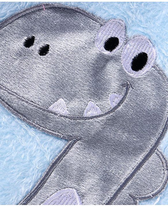 Babyhug Velour Knit Full Sleeves Winter Night Suit With Dino Print - Light Blue