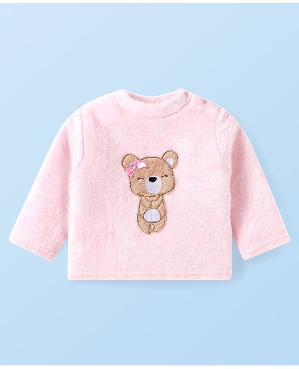 Babyhug Velour Knit Full Sleeves Winter Night Suit With Teddy Bear Print - Pink