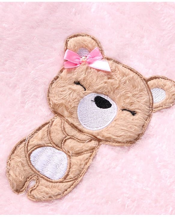 Babyhug Velour Knit Full Sleeves Winter Night Suit With Teddy Bear Print - Pink