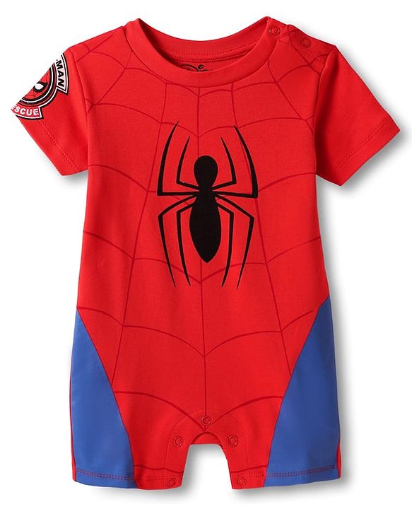 Babyhug Marvel Interlock Knit Half Sleeves Romper With Spider-Man Graphics - Red & Blue