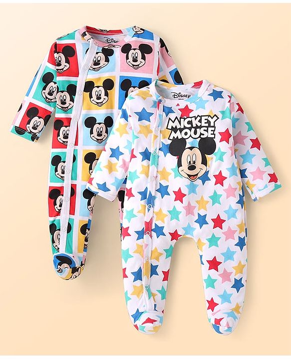 Babyhug Disney Interlock Knit Full Sleeves Footed Sleep Suit with Mickey Mouse & Friends Graphics Pack of 2 - White & Blue