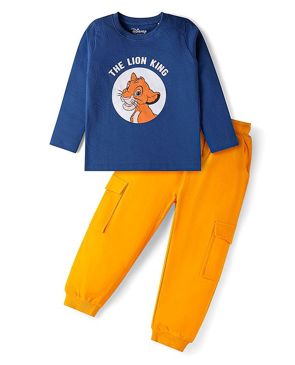 Babyhug Disney Single Jersey Knit Full Sleeves T-Shirt & Lounge Pant Set With Lion King Graphics - Navy Blue & Yellow