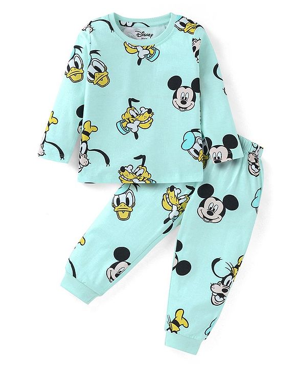 Babyhug Disney Single Jersey Knit Full Sleeves Night Suit with Mickey Mouse Print - Aqua Blue