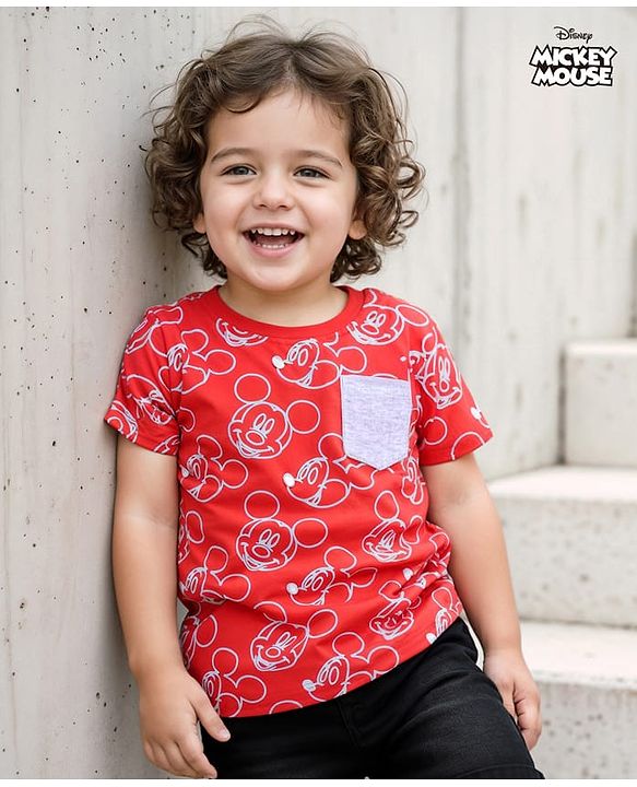 Babyhug Disney Single Jersey Knit Half Sleeves T-Shirt With Mickey Mouse Print & Pocket Detailing - Red