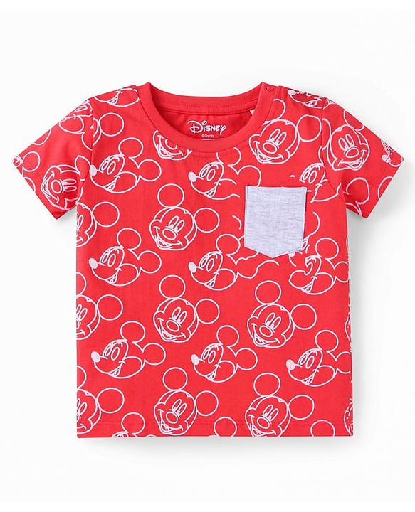 Babyhug Disney Single Jersey Knit Half Sleeves T-Shirt With Mickey Mouse Print & Pocket Detailing - Red