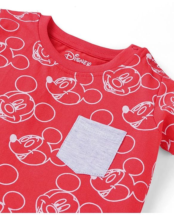 Babyhug Disney Single Jersey Knit Half Sleeves T-Shirt With Mickey Mouse Print & Pocket Detailing - Red