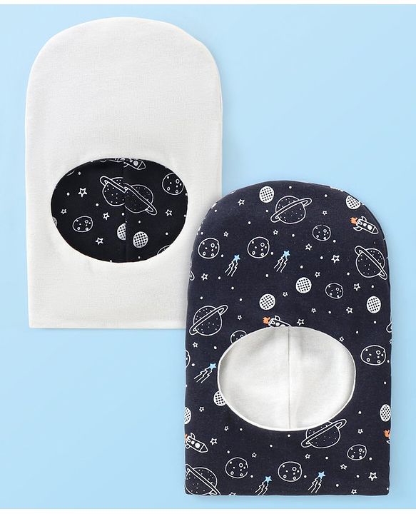 Babyhug Knitted  Reversible Monkey Cap Space Theme Print - Navy Blue & White