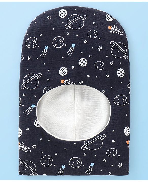 Babyhug Knitted  Reversible Monkey Cap Space Theme Print - Navy Blue & White