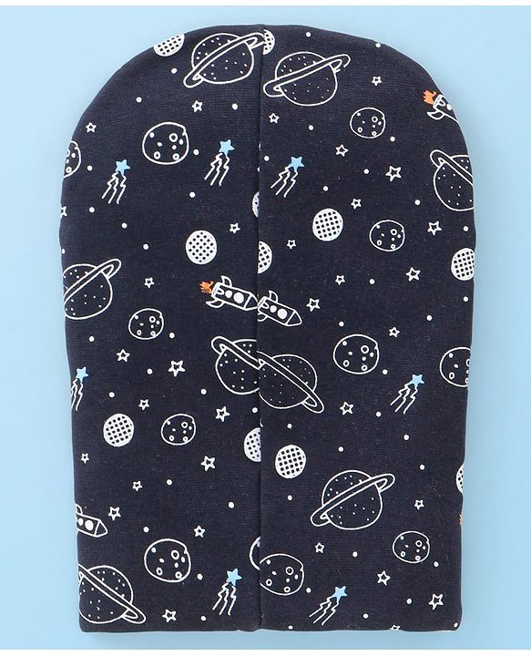 Babyhug Knitted  Reversible Monkey Cap Space Theme Print - Navy Blue & White