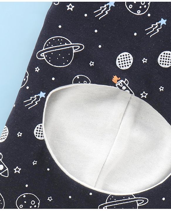 Babyhug Knitted  Reversible Monkey Cap Space Theme Print - Navy Blue & White