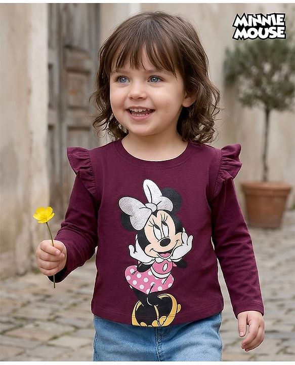 Babyhug Disney Single Jersey Knit Full Sleeves Top With Minnie Mouse Graphics and Frill Detailing - Maroon