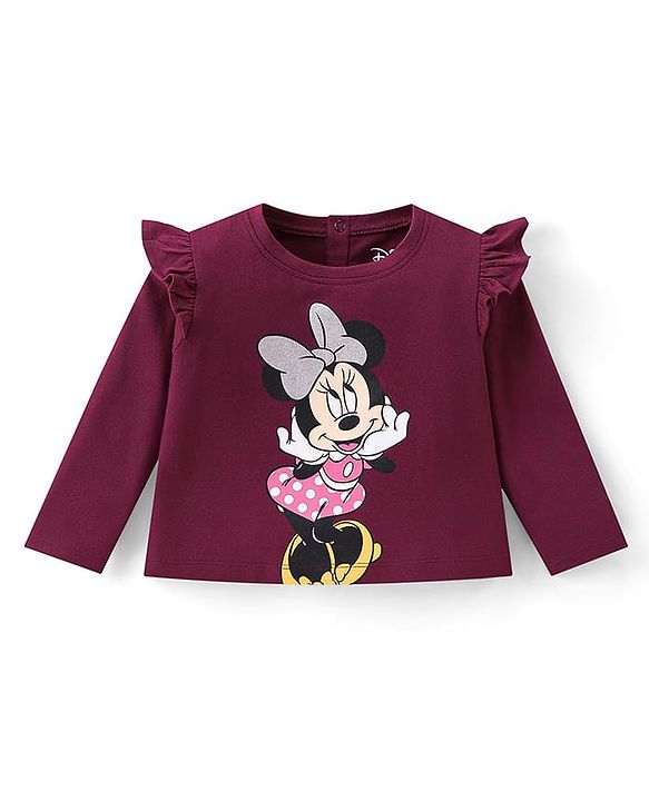 Babyhug Disney Single Jersey Knit Full Sleeves Top With Minnie Mouse Graphics and Frill Detailing - Maroon
