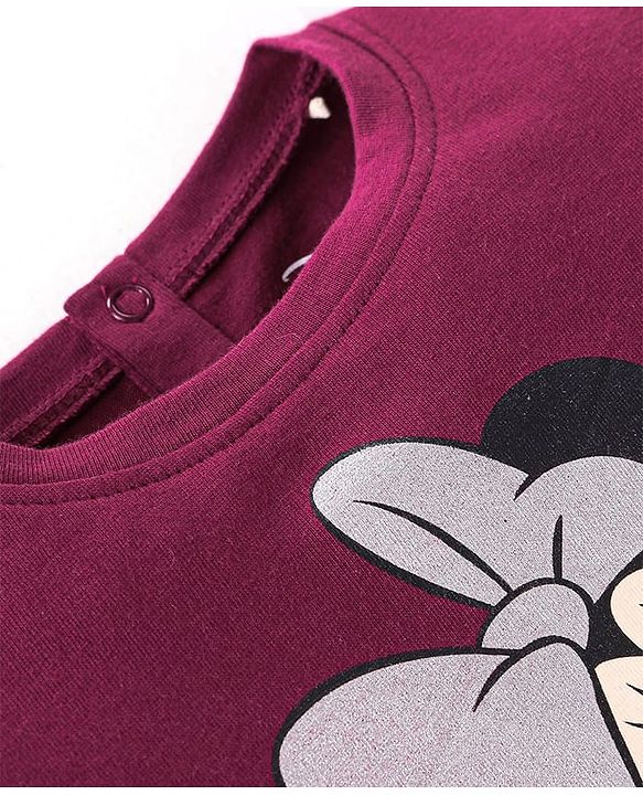 Babyhug Disney Single Jersey Knit Full Sleeves Top With Minnie Mouse Graphics and Frill Detailing - Maroon