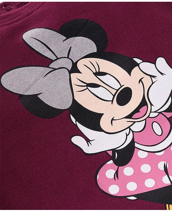 Babyhug Disney Single Jersey Knit Full Sleeves Top With Minnie Mouse Graphics and Frill Detailing - Maroon