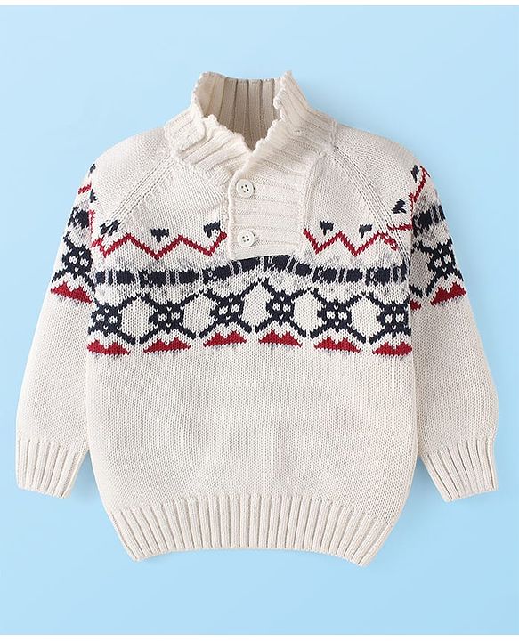 Babyhug Cotton Knitted Full Sleeves Pullover Sweater With Aztec Design - White