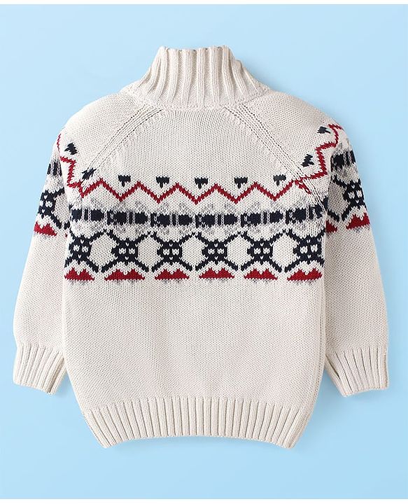 Babyhug Cotton Knitted Full Sleeves Pullover Sweater With Aztec Design - White