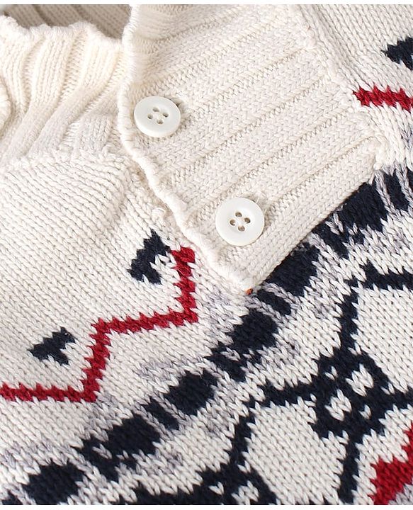 Babyhug Cotton Knitted Full Sleeves Pullover Sweater With Aztec Design - White