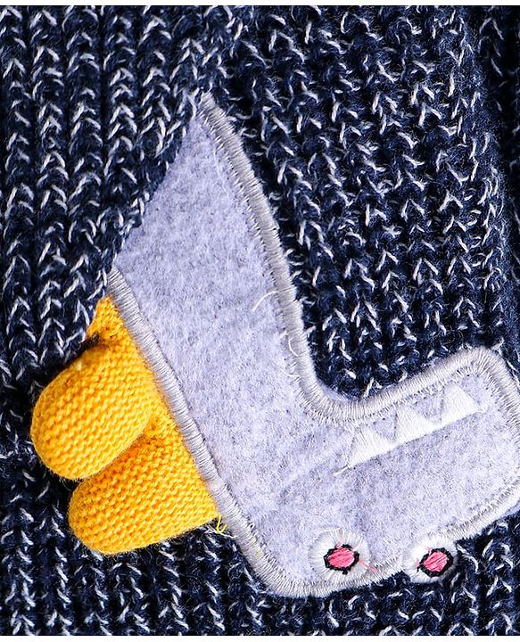 Babyhug Cotton Knit Full Raglan Sleeves Hooded Sweater with Dino Applique - Navy Blue