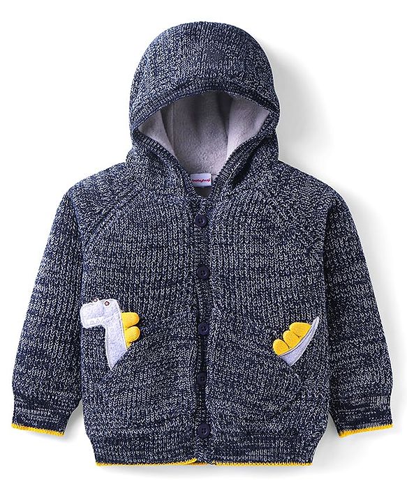 Babyhug Cotton Knit Full Raglan Sleeves Hooded Sweater with Dino Applique - Navy Blue