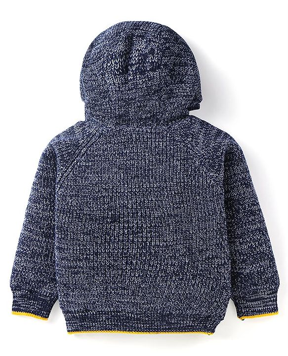 Babyhug Cotton Knit Full Raglan Sleeves Hooded Sweater with Dino Applique - Navy Blue