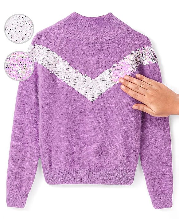 Babyhug Cotton Knit Full Sleeves High Neck Sweater with Reversible Sequins - Purple