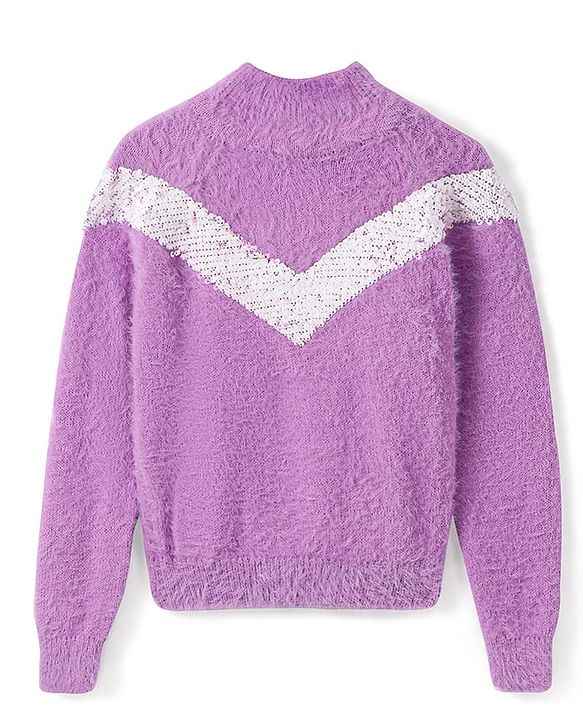 Babyhug Cotton Knit Full Sleeves High Neck Sweater with Reversible Sequins - Purple