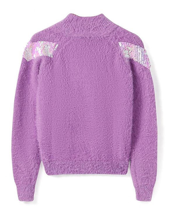 Babyhug Cotton Knit Full Sleeves High Neck Sweater with Reversible Sequins - Purple