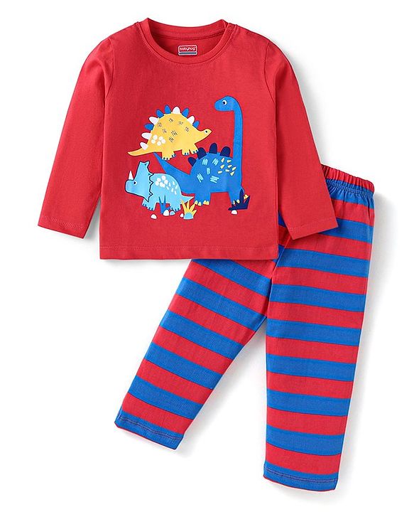 Babyhug Cotton Knit Full Sleeves Night Suit With Stripes & Dinosaurs Print - Red & Navy