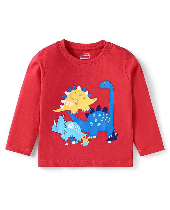 Babyhug Cotton Knit Full Sleeves Night Suit With Stripes & Dinosaurs Print - Red & Navy