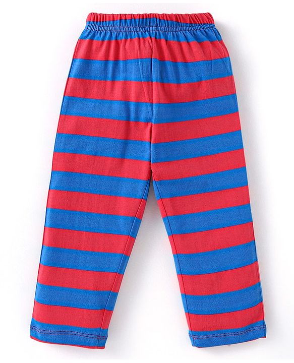 Babyhug Cotton Knit Full Sleeves Night Suit With Stripes & Dinosaurs Print - Red & Navy