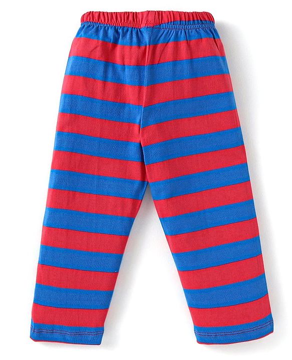 Babyhug Cotton Knit Full Sleeves Night Suit With Stripes & Dinosaurs Print - Red & Navy
