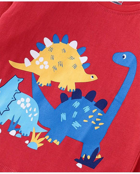 Babyhug Cotton Knit Full Sleeves Night Suit With Stripes & Dinosaurs Print - Red & Navy