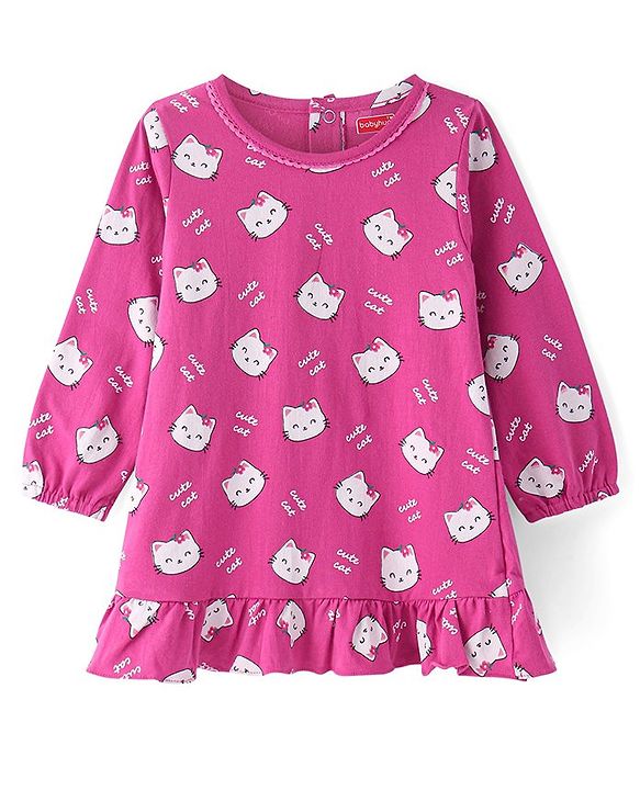 Babyhug Cotton Knit Full Peasant Sleeves Kitty Printed Nighty - Pink