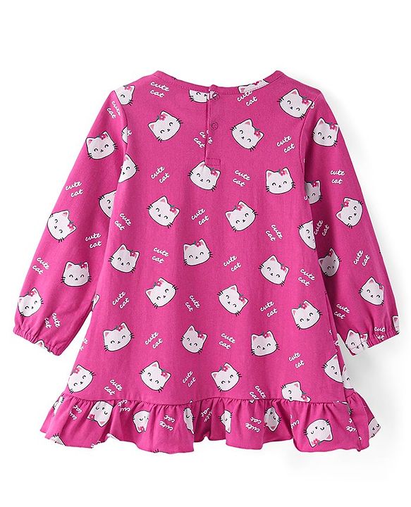 Babyhug Cotton Knit Full Peasant Sleeves Kitty Printed Nighty - Pink