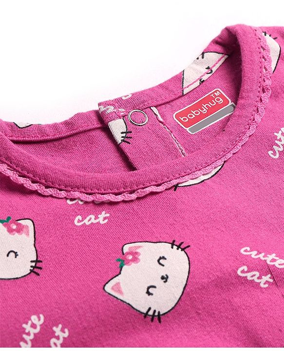 Babyhug Cotton Knit Full Peasant Sleeves Kitty Printed Nighty - Pink