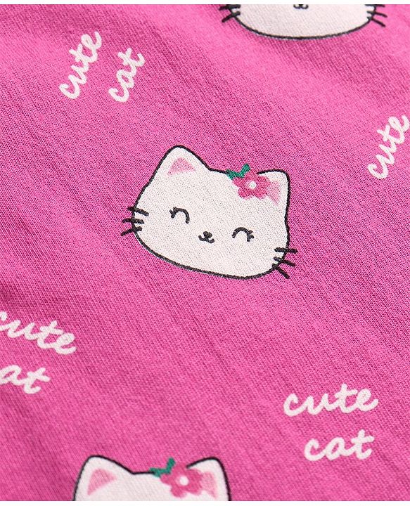 Babyhug Cotton Knit Full Peasant Sleeves Kitty Printed Nighty - Pink