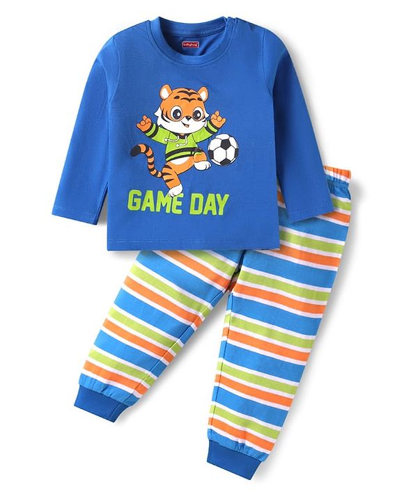 Babyhug Cotton Knit Full Sleeves Night Suit with Tiger Print & Stripes - Blue
