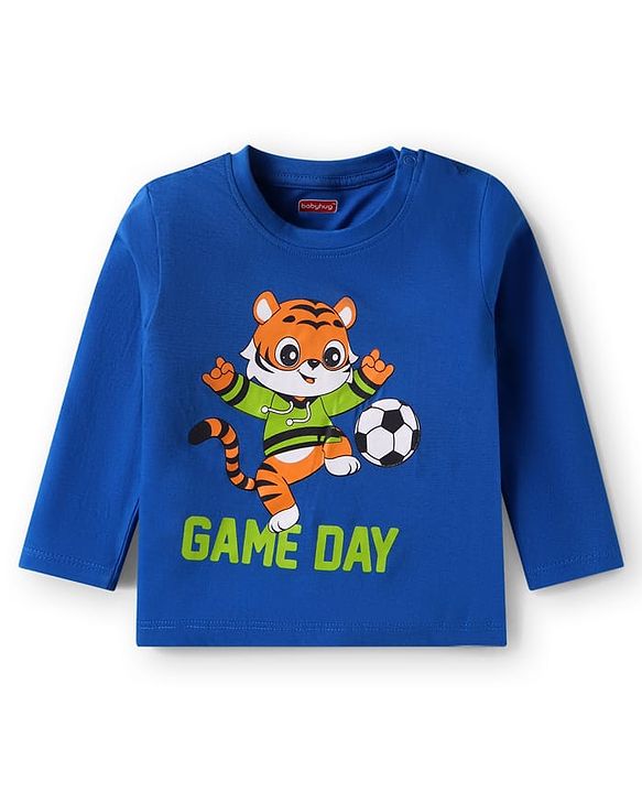Babyhug Cotton Knit Full Sleeves Night Suit with Tiger Print & Stripes - Blue