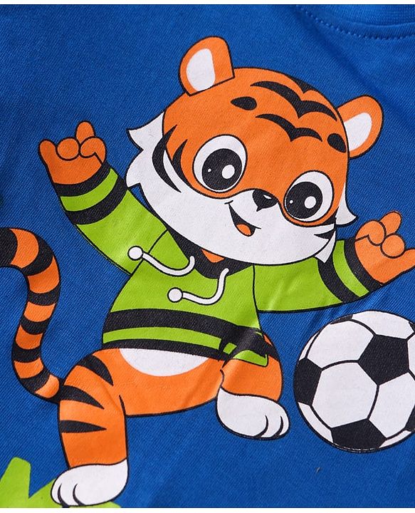 Babyhug Cotton Knit Full Sleeves Night Suit with Tiger Print & Stripes - Blue