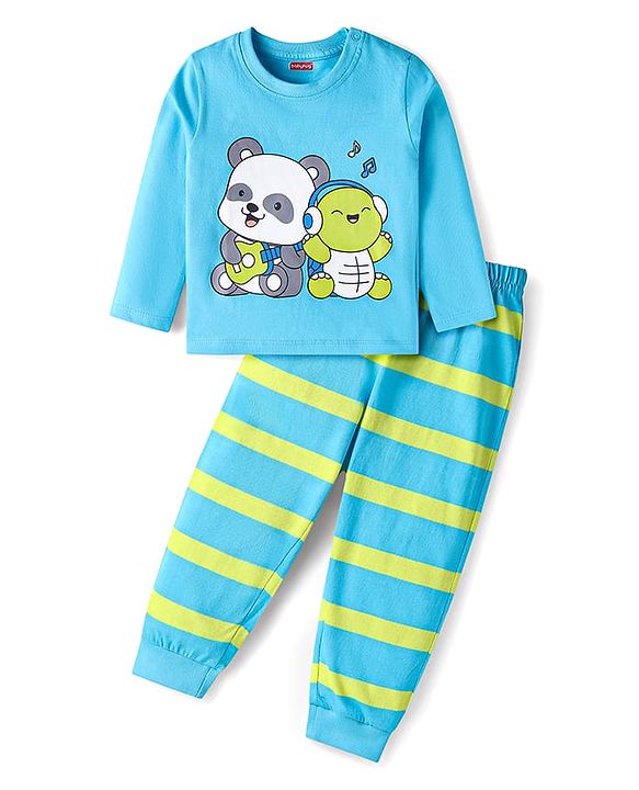 Babyhug Cotton Knit Full Sleeves Night Suit With Stripes & Panda Print - Light Blue