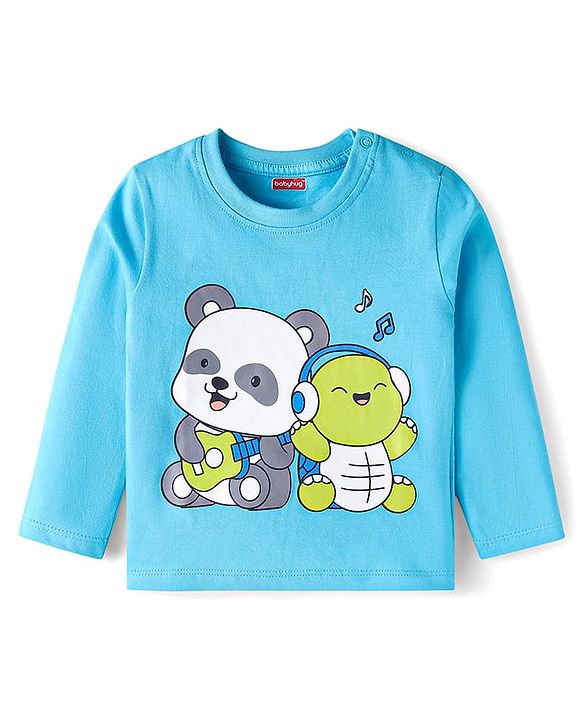 Babyhug Cotton Knit Full Sleeves Night Suit With Stripes & Panda Print - Light Blue