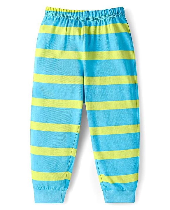 Babyhug Cotton Knit Full Sleeves Night Suit With Stripes & Panda Print - Light Blue