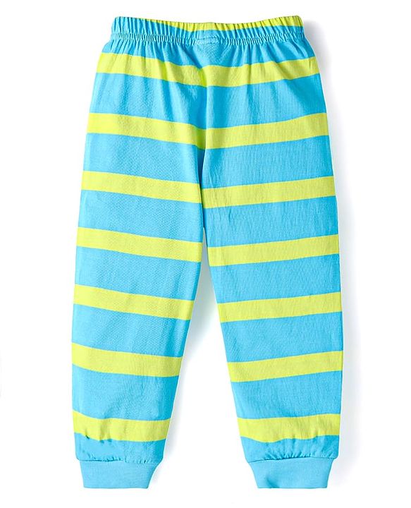 Babyhug Cotton Knit Full Sleeves Night Suit With Stripes & Panda Print - Light Blue