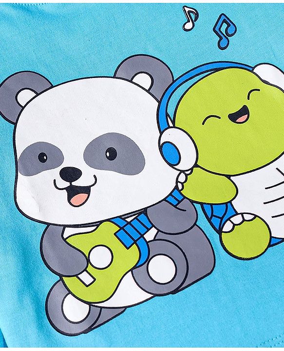 Babyhug Cotton Knit Full Sleeves Night Suit With Stripes & Panda Print - Light Blue