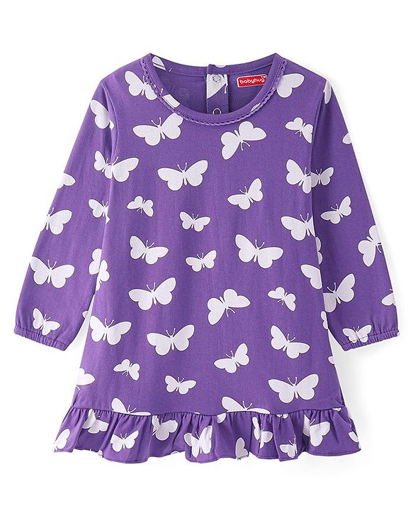 Babyhug Cotton Knit Full Sleeves Butterfly Printed Nighty - Violet