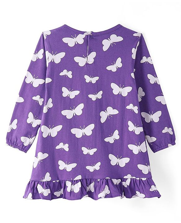 Babyhug Cotton Knit Full Sleeves Butterfly Printed Nighty - Violet