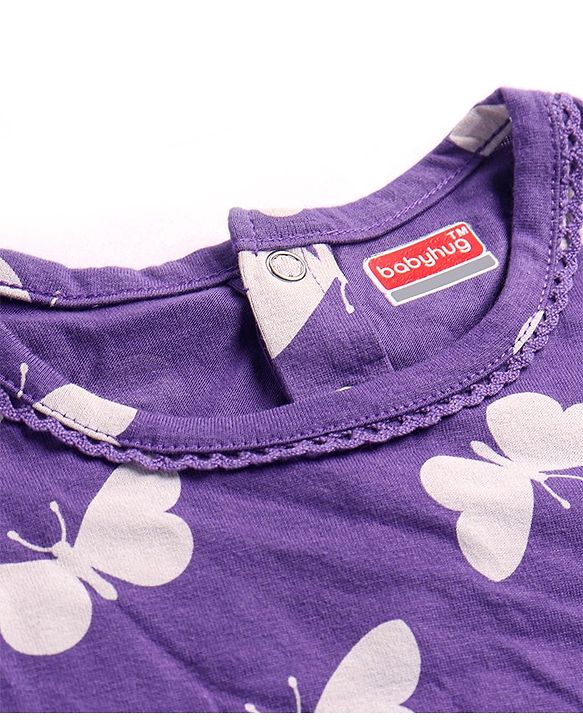 Babyhug Cotton Knit Full Sleeves Butterfly Printed Nighty - Violet