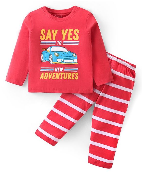 Babyhug Cotton Knit Full Sleeves Night Suit With Stripes & Car Print - Red